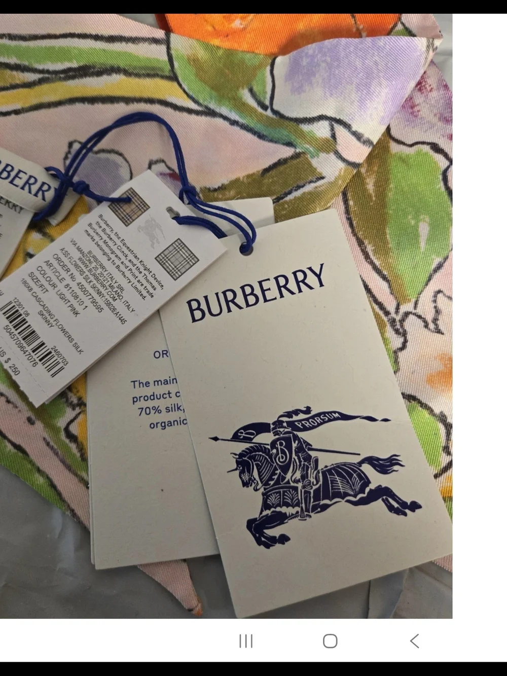 Burberry Skinny Silk Cascading Flowers Scarf Light Pink NWT